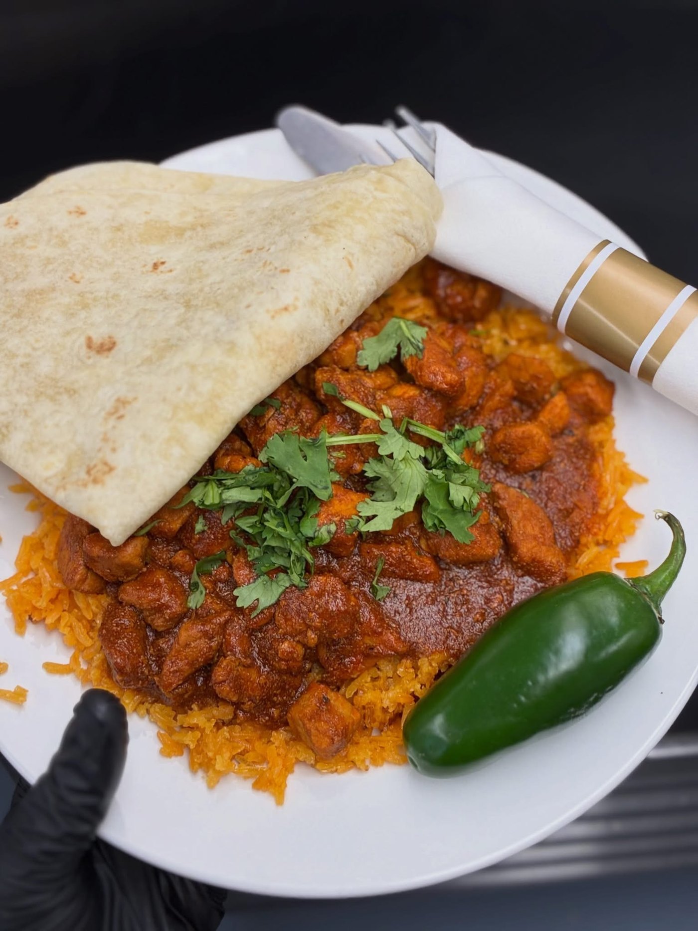 Chili Colorado burrito plate with rice and flour tortilla